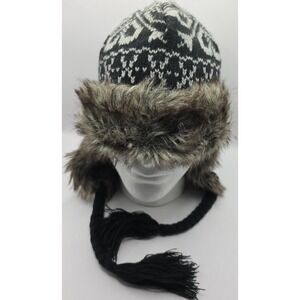Dakota Dan Reindeer Fair Isle Trapper Hat Faux Fur‎ Ear Flaps Tassels Black Gray